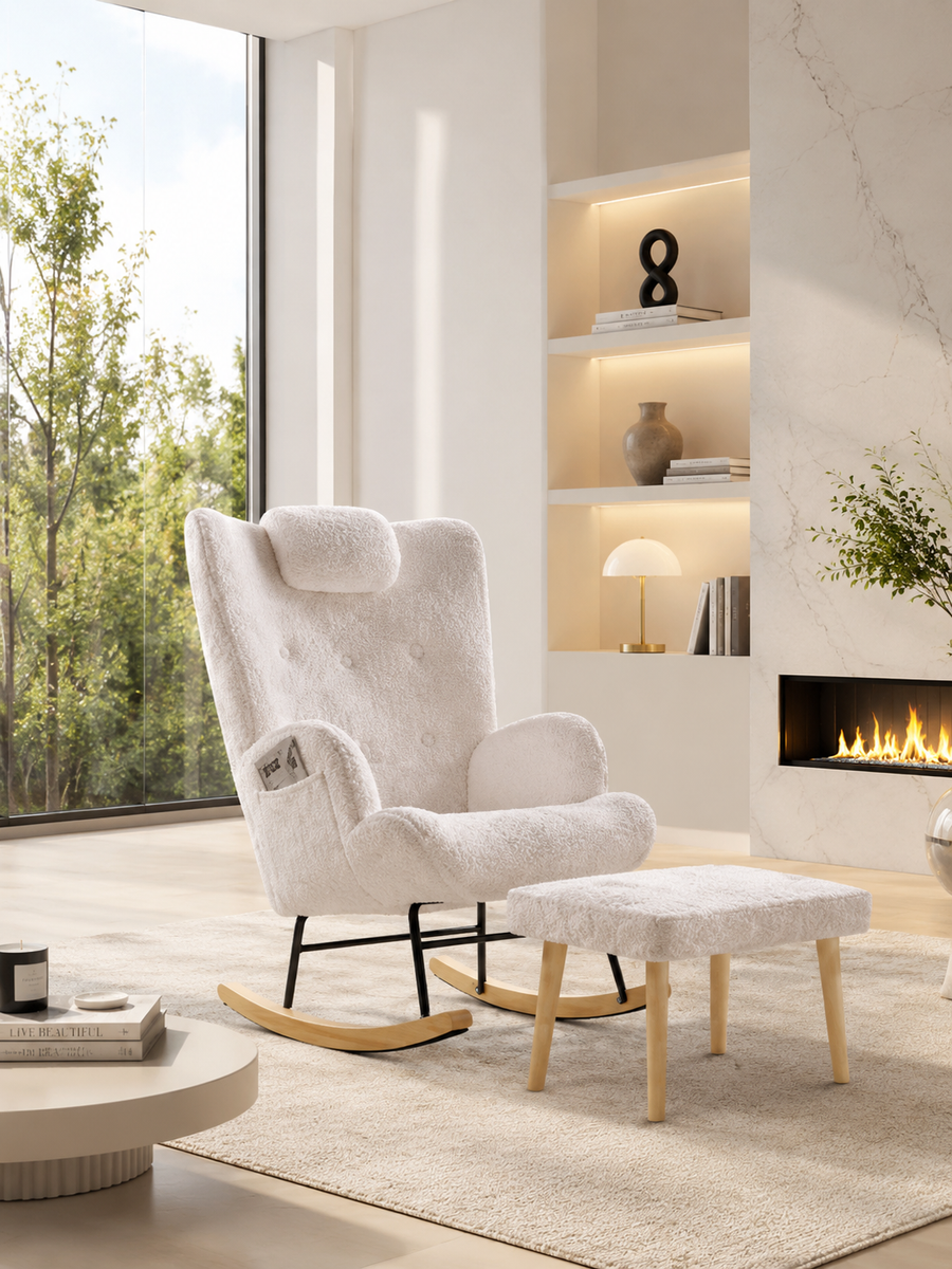 Fauteuil à Bascule Scandinave en Bouclé premium avec Repose-Pieds | ORYA