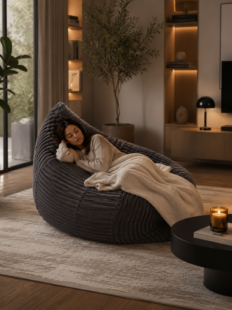 Pouf fauteuil poire salon en velours côtelé anthracite premium | Elvane
