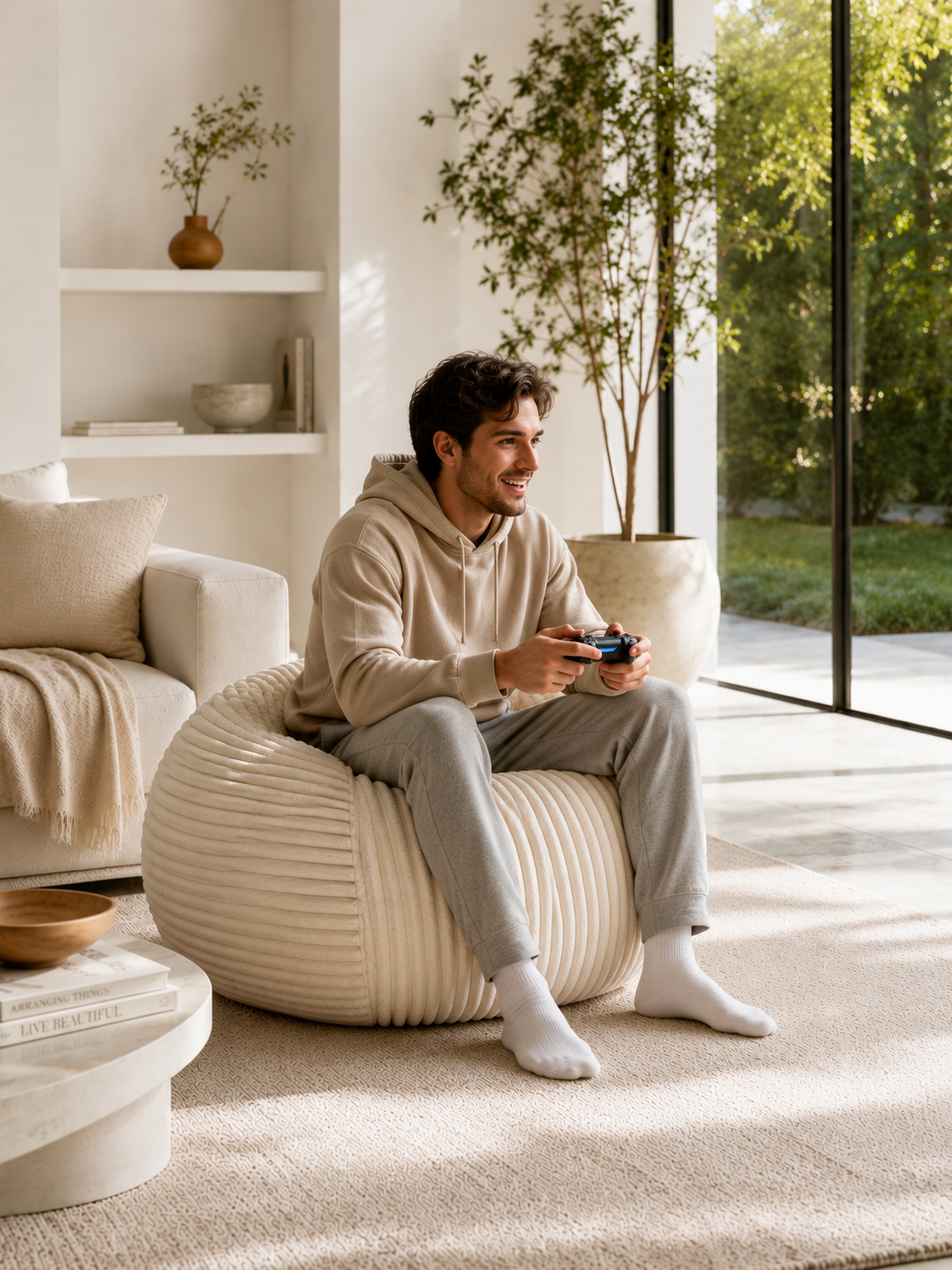 Pouf arrondi premium salon velours côtelé crème — format généreux | Doucely