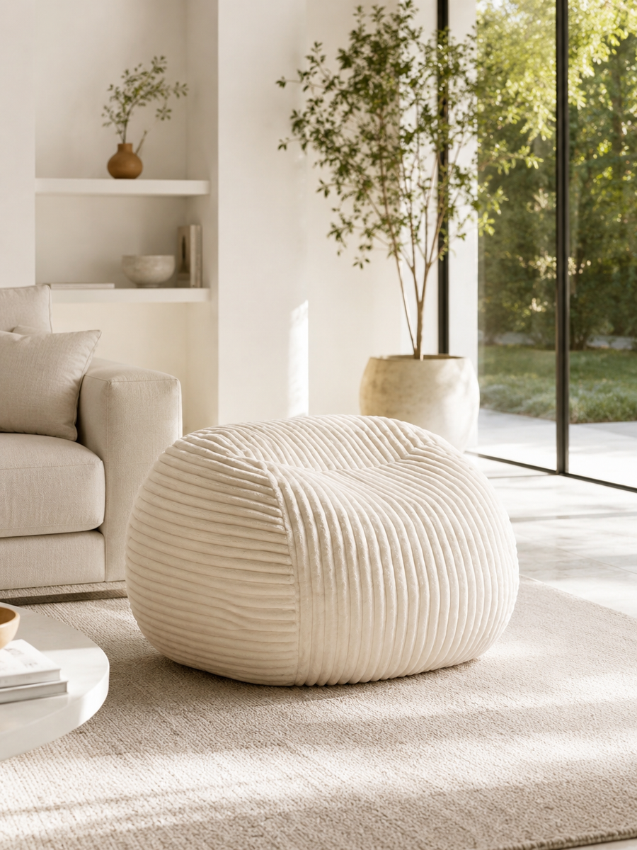 Pouf arrondi premium salon velours côtelé crème — format généreux | Doucely