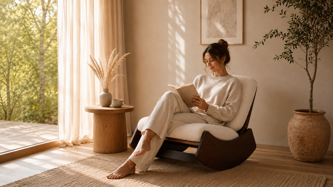 Fauteuil à bascule Le Coin Cozy dans un intérieur chaleureux
