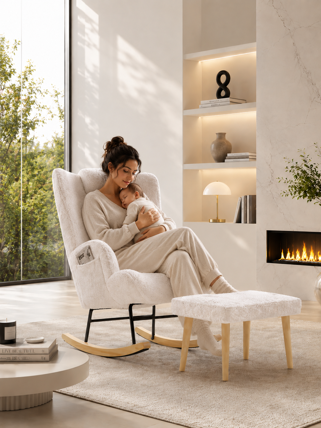 Fauteuil à Bascule Scandinave en Bouclé premium avec Repose-Pieds | ORYA