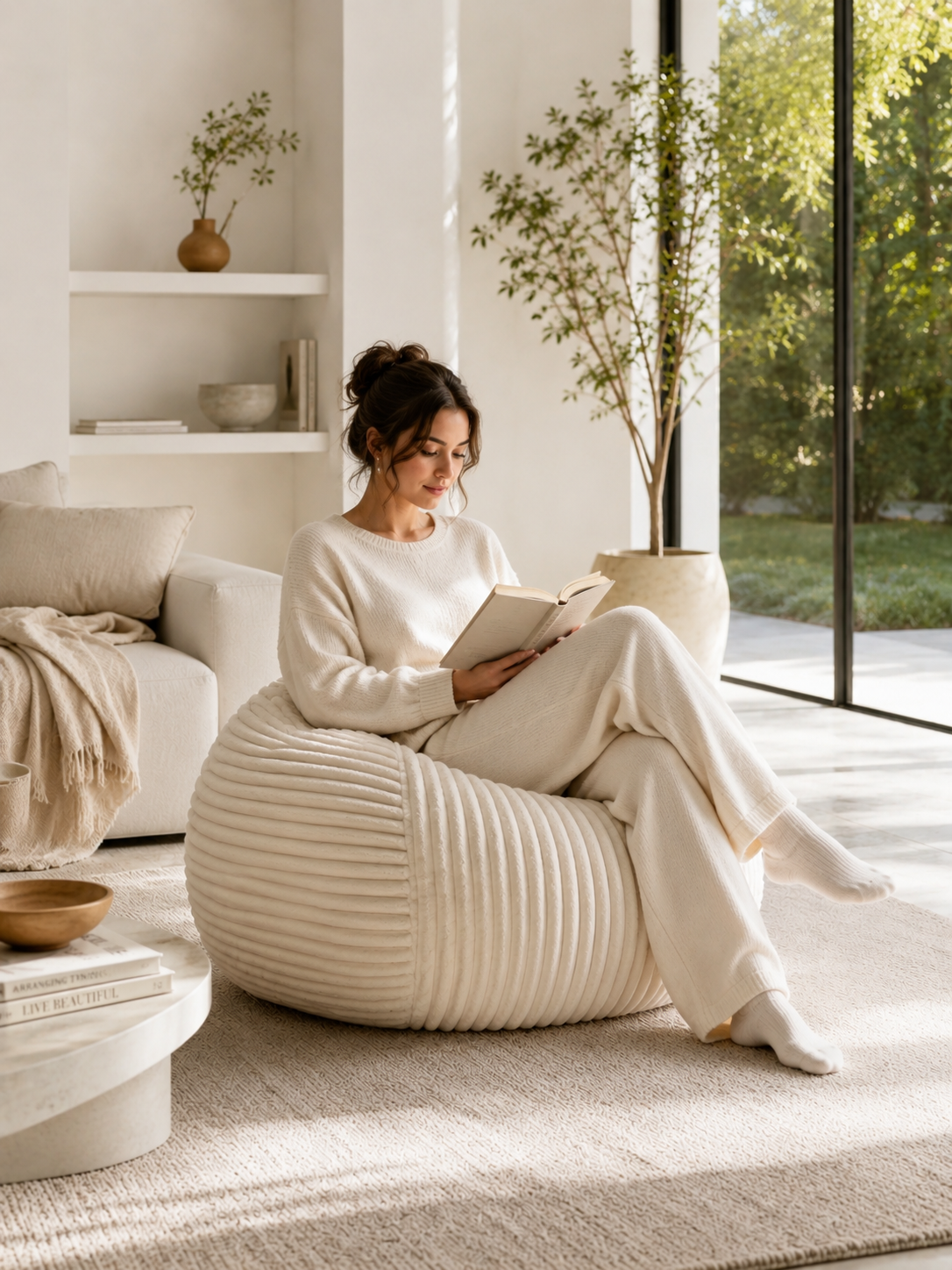 Pouf arrondi premium salon velours côtelé crème — format généreux | Doucely